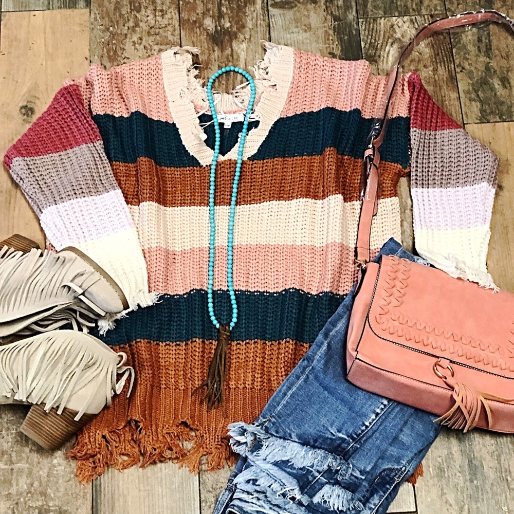New Teal And Rust Long Distressed Sweater - Picture 3 of 3